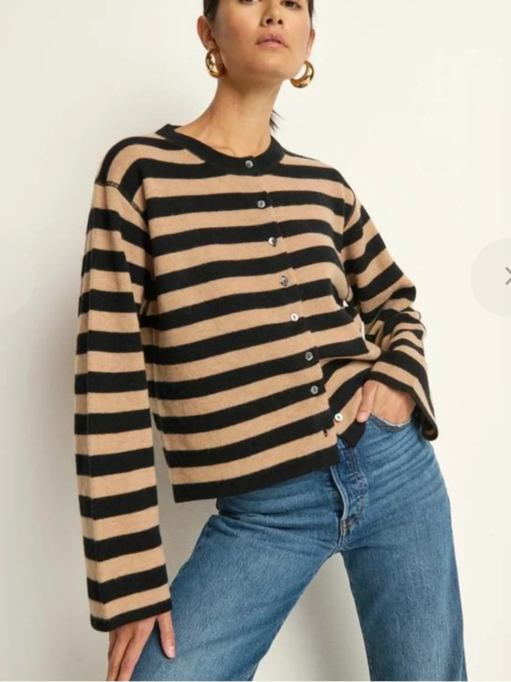 Nation LTD Striped Crewneck Cardigan in Tan and Black - Picture 1 of 5